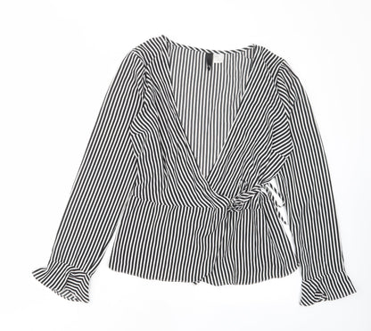 Preloved H&M Womens Black Striped Polyester Basic Blouse Size 14 V-Neck - Front