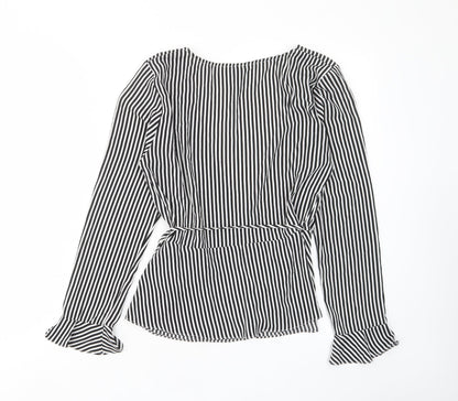 Preloved H&M Womens Black Striped Polyester Basic Blouse Size 14 V-Neck - Back