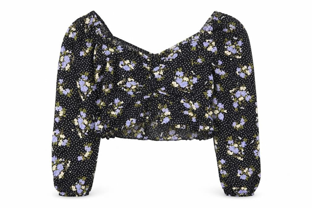 Miss Selfridge Womens Black Floral Viscose Cropped Blouse Size 8 V-Neck