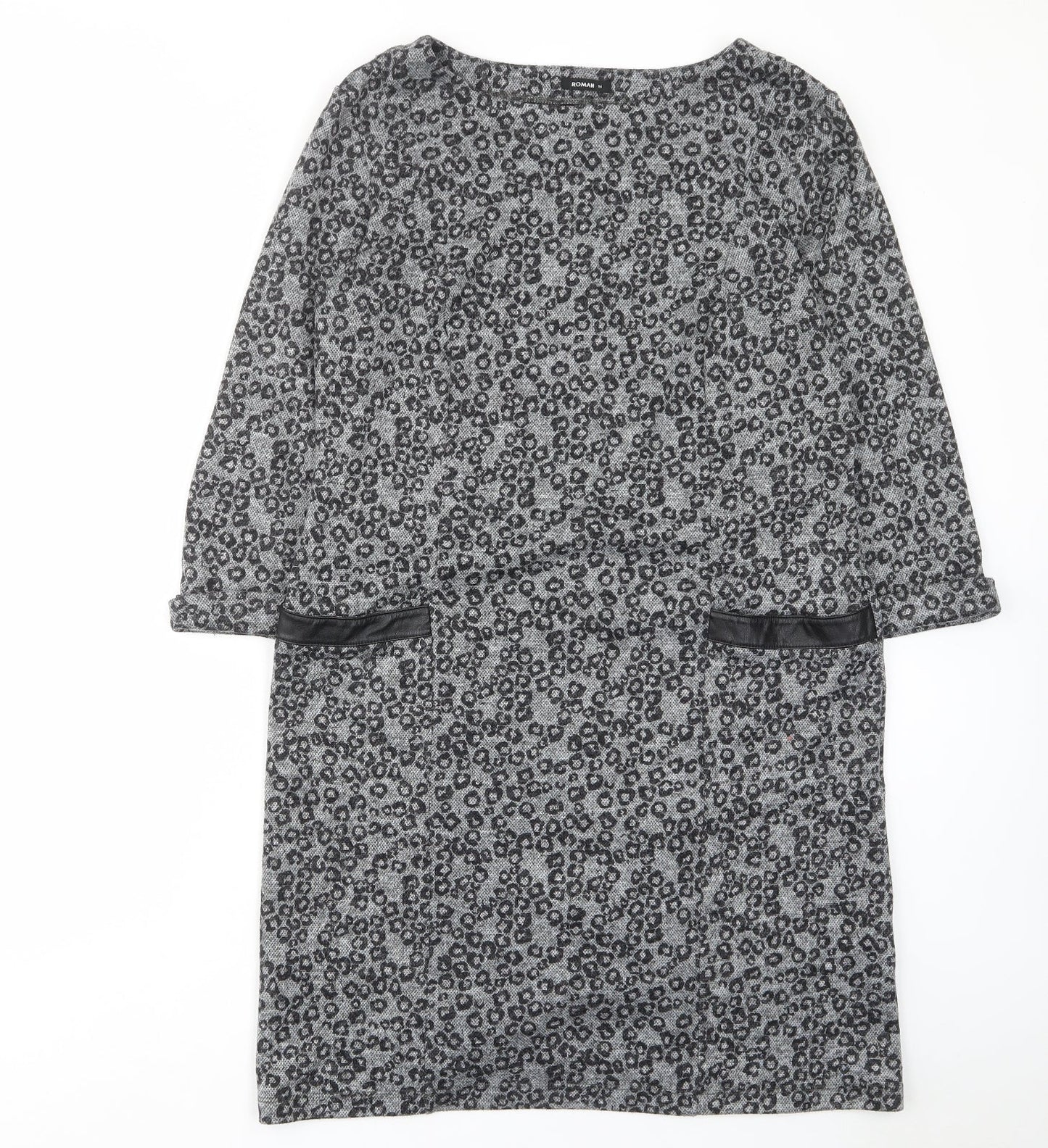 Roman Womens Grey Animal Print Polyester A-Line Size 14 Boat Neck Pullover - Pockets