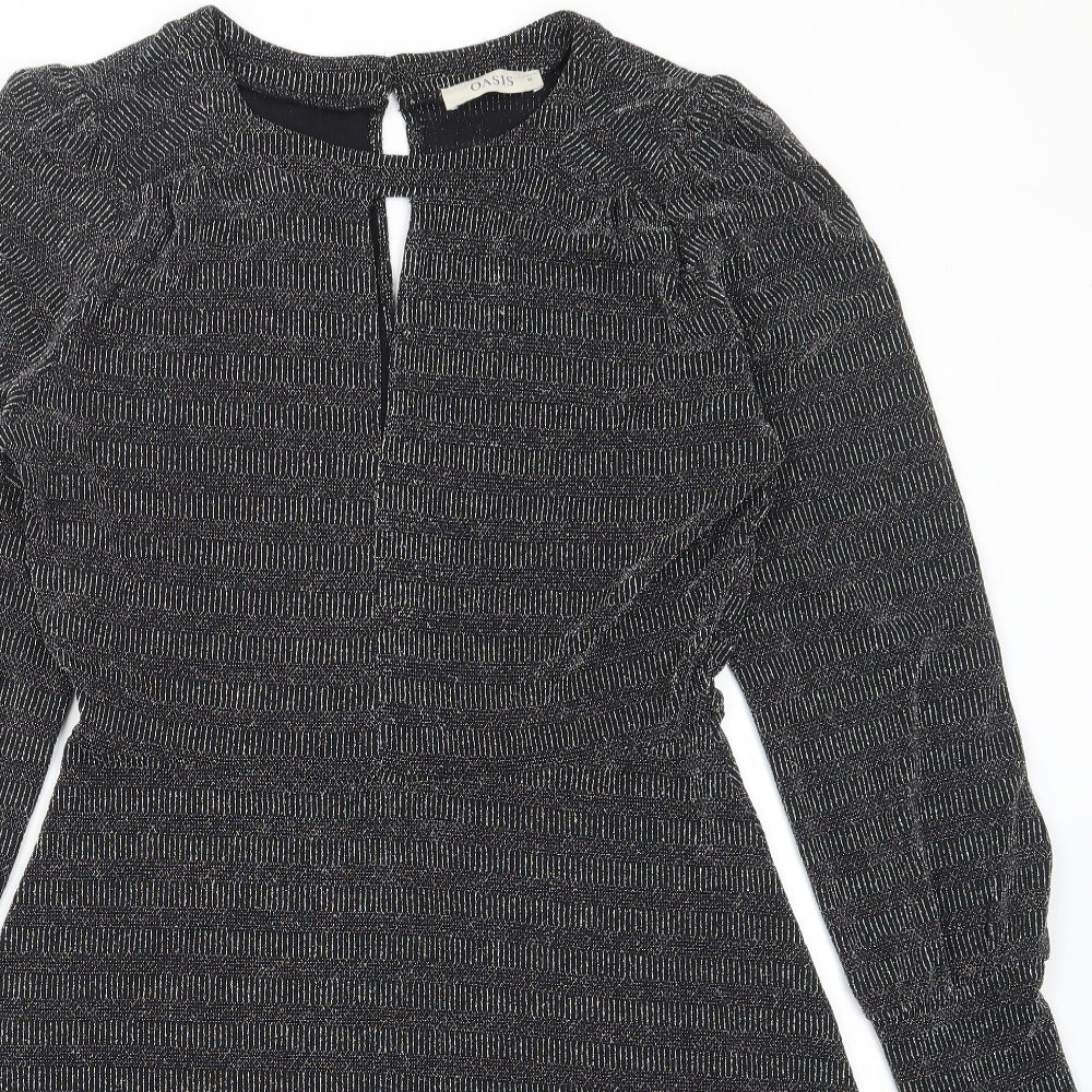 Oasis Womens Black Polyamide A-Line Size M Crew Neck Button - Keyhole neck