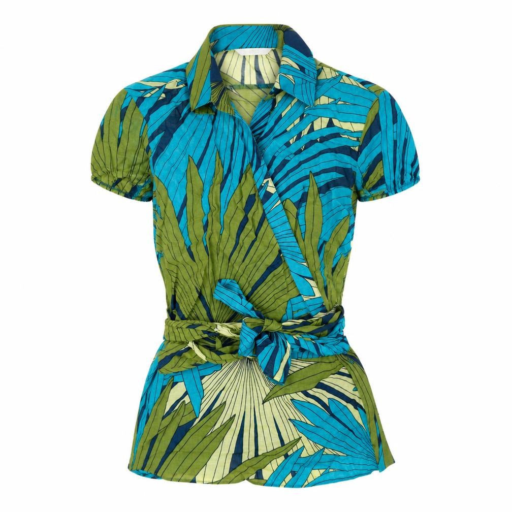 Marks & Spencer Womens Blue Geometric Viscose Wrap T-Shirt Size 12 Collared - Leaf print