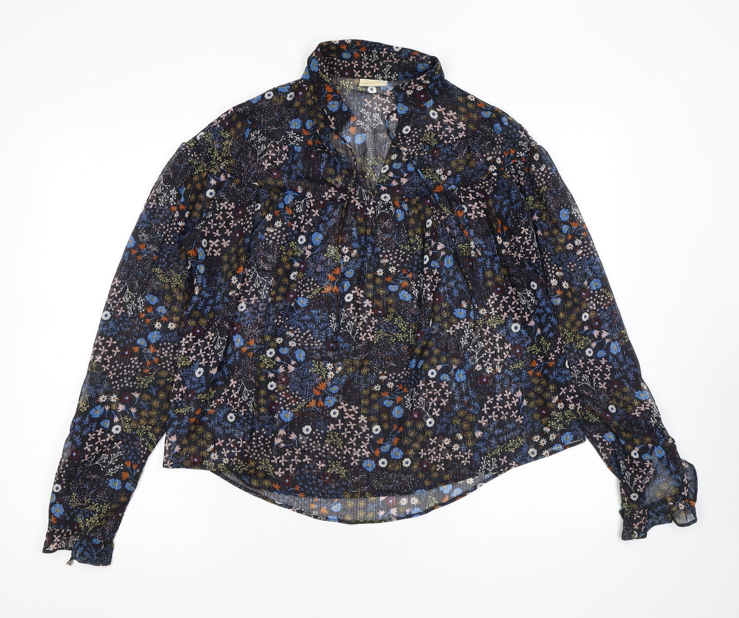 VILA Womens Black Floral Polyester Basic Blouse Size 8 Collared