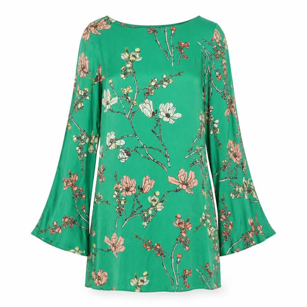 Zara Womens Green Floral Polyester A-Line Size XS Boat Neck Pullover - Cold Shoulder