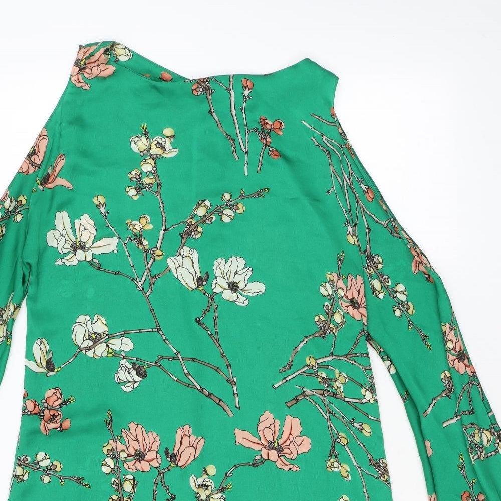 Zara Womens Green Floral Polyester A-Line Size XS Boat Neck Pullover - Cold Shoulder