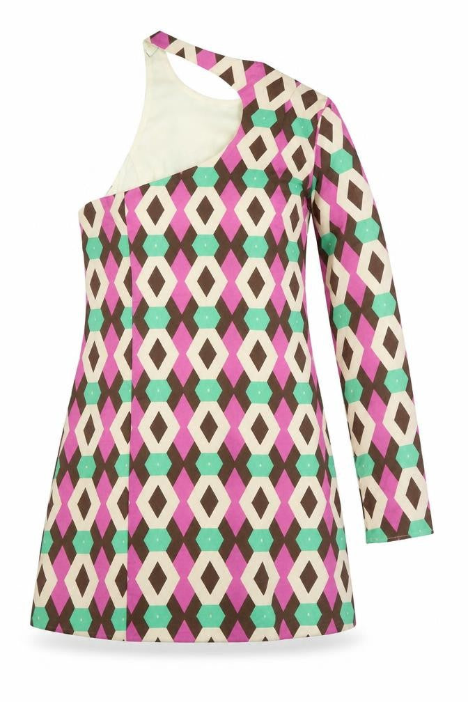 Zara Womens Multicoloured Geometric Polyester A-Line Size M One Shoulder Button