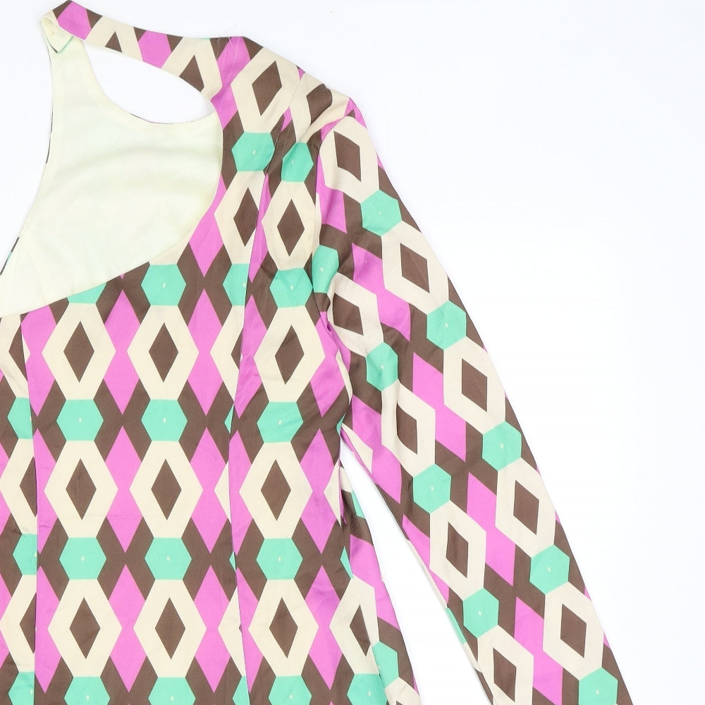 Zara Womens Multicoloured Geometric Polyester A-Line Size M One Shoulder Button