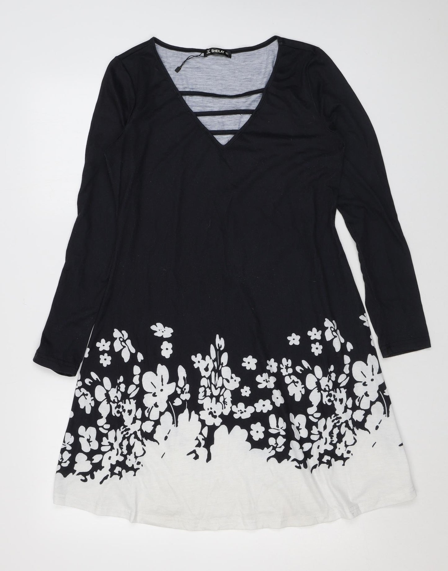 Sheilay Womens Black Floral Polyester A-Line Size S V-Neck Pullover