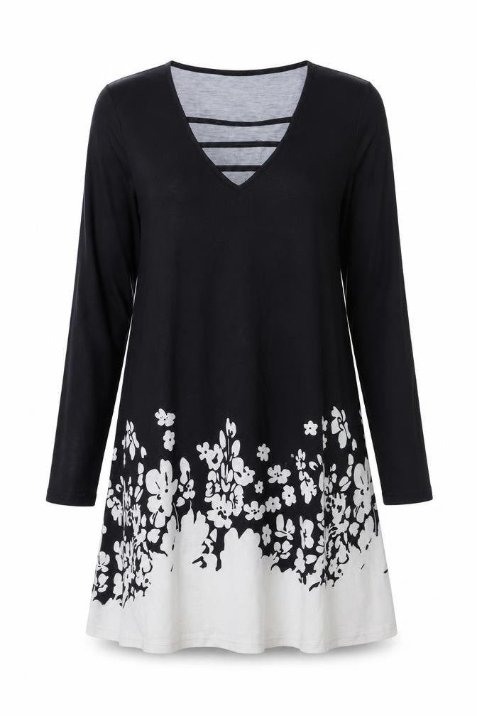 Sheilay Womens Black Floral Polyester A-Line Size S V-Neck Pullover