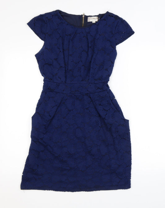Vouley Vous Womens Blue Floral Nylon Mini Size L Round Neck Zip - Lace