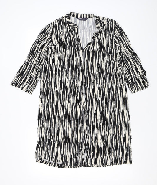 Marks and Spencer Womens Black Geometric Viscose A-Line Size 10 V-Neck Button