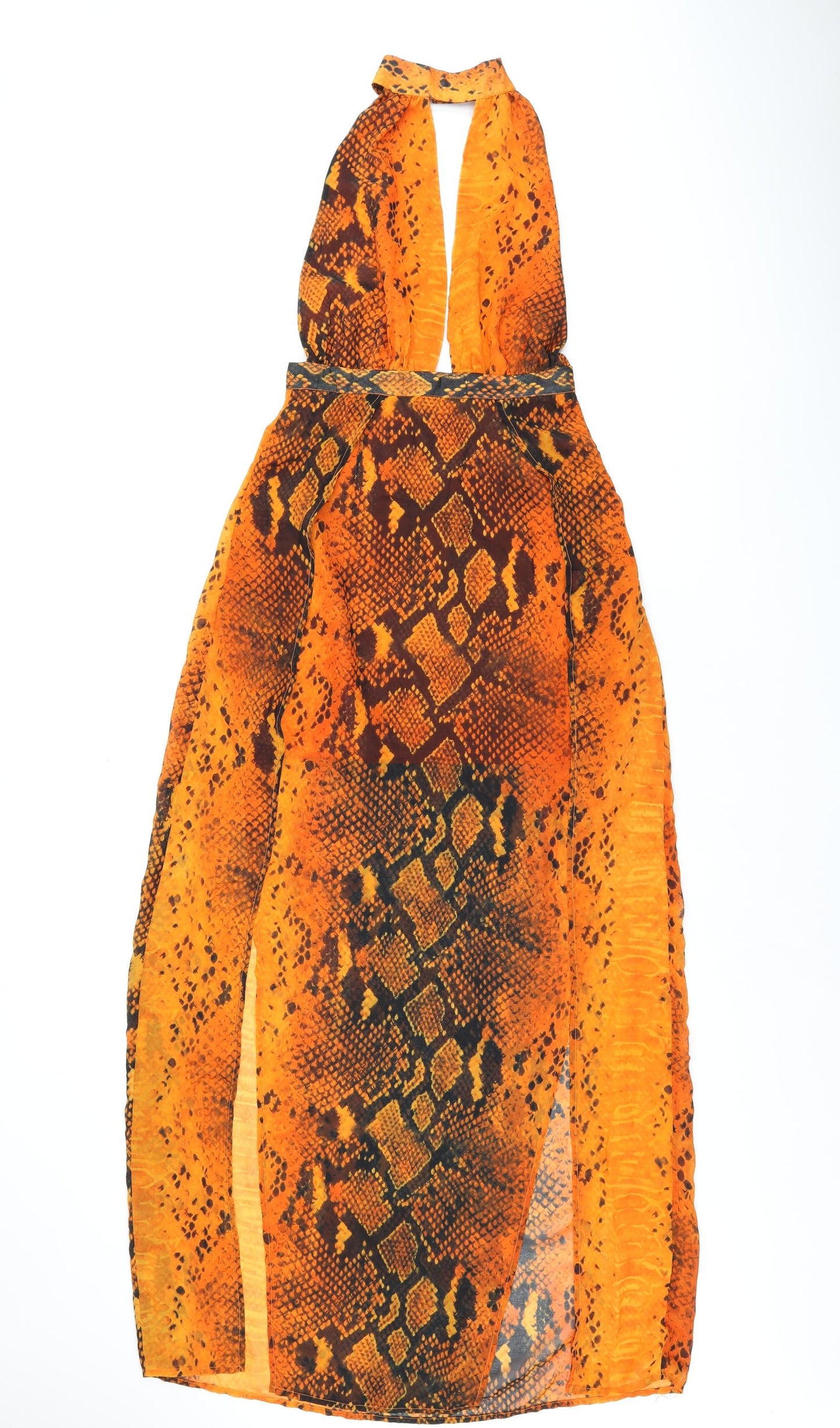 PRETTYLITTLETHING Womens Orange Animal Print Polyester Maxi Size 6 Halter Zip