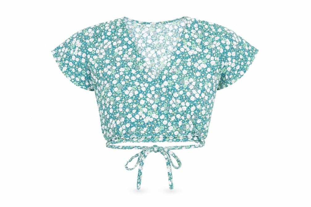 Motel Rocks Womens Green Floral Cotton Cropped T-Shirt Size S V-Neck