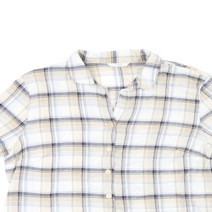 Marks & Spencer Womens Beige Plaid Cotton Basic Button-Up Size 16 Collared