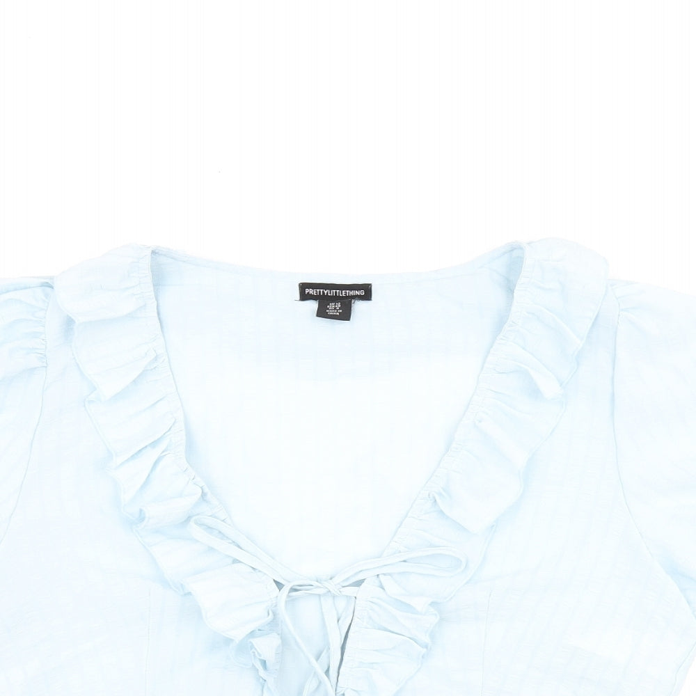 PRETTYLITTLETHING Womens Blue Polyester Cropped Blouse Size 12 V-Neck