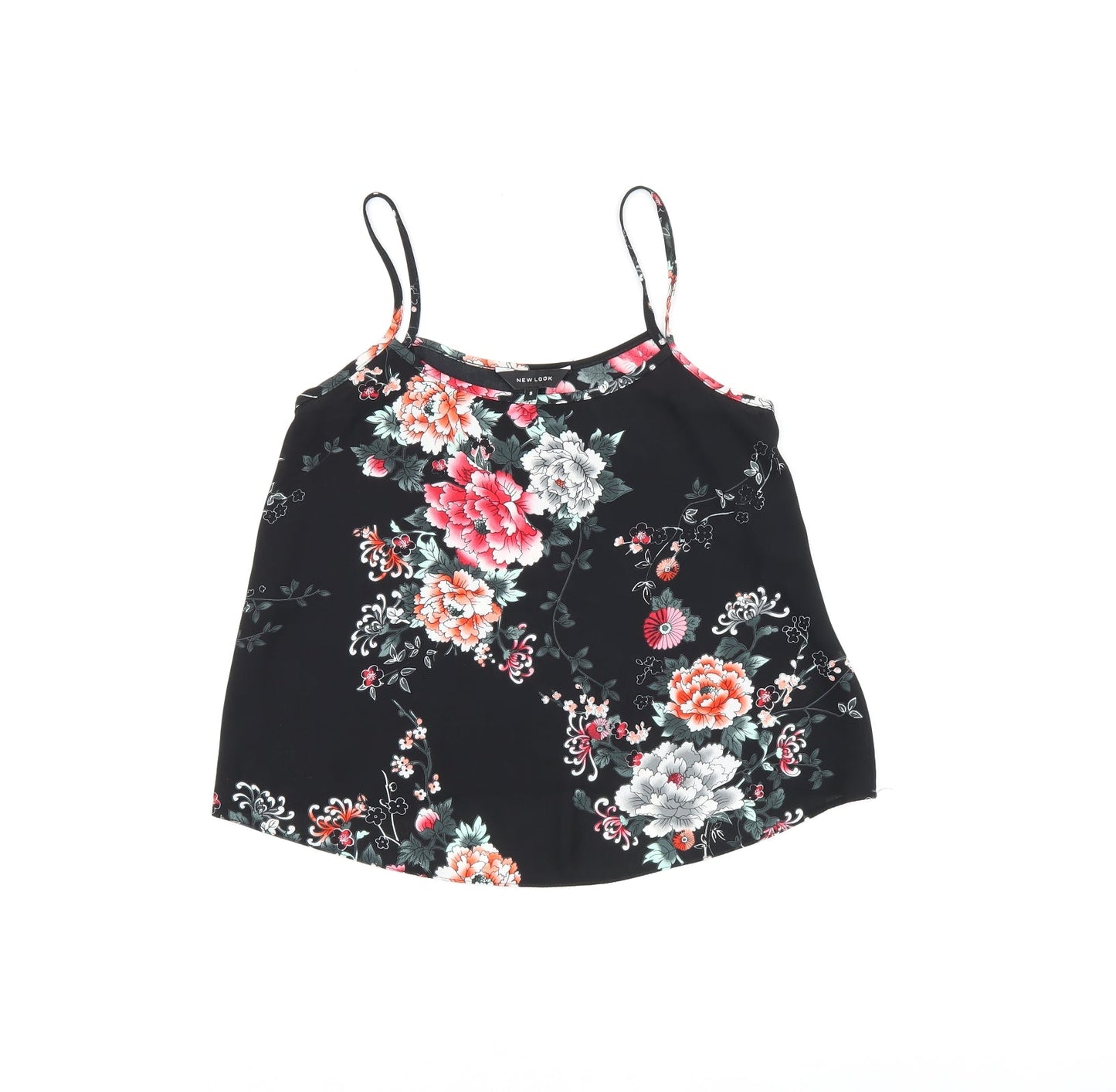 New Look Womens Black Floral Polyester Camisole T-Shirt Size 8 Scoop Neck