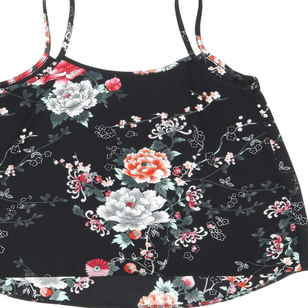 New Look Womens Black Floral Polyester Camisole T-Shirt Size 8 Scoop Neck