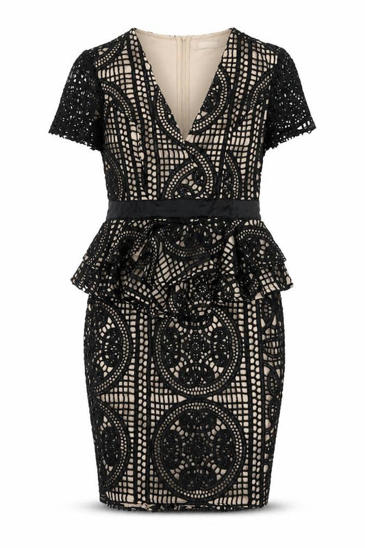 PRETTYLITTLETHING Womens Black Geometric Polyester Pencil Dress Size 10 Boat Neck Zip