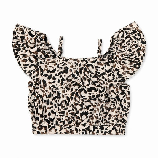 Front view of River Island girls’ beige animal print polyester pullover blouse, size 6, years off the shoulder pullover