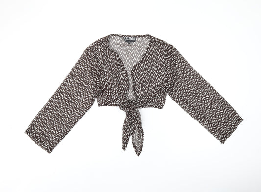 CASAMIA Womens Brown Geometric Polyester Cropped Blouse Size 12 V-Neck