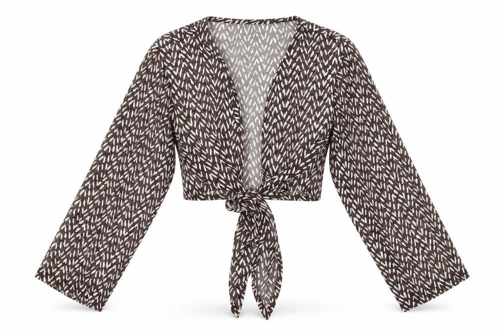 Casamia Womens Brown Geometric Polyester Cropped Blouse Size 12 V-Neck