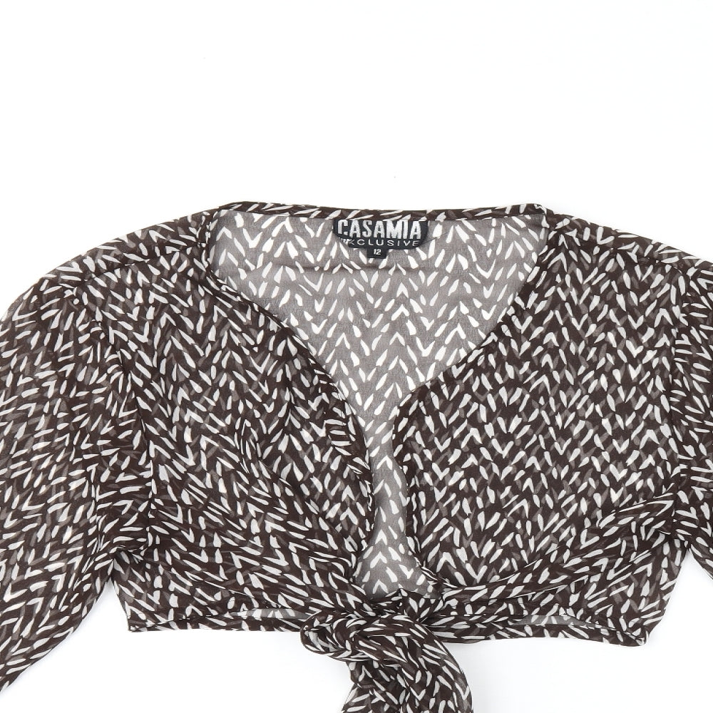 CASAMIA Womens Brown Geometric Polyester Cropped Blouse Size 12 V-Neck