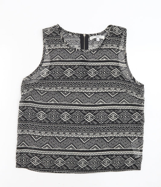 New Look Womens Black Geometric Polyester Basic Tank Size 10 Round Neck - Sheer