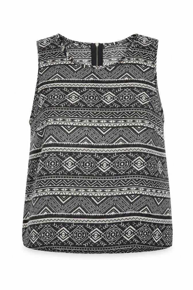 New Look Womens Black Geometric Polyester Basic Tank Size 10 Round Neck - Sheer
