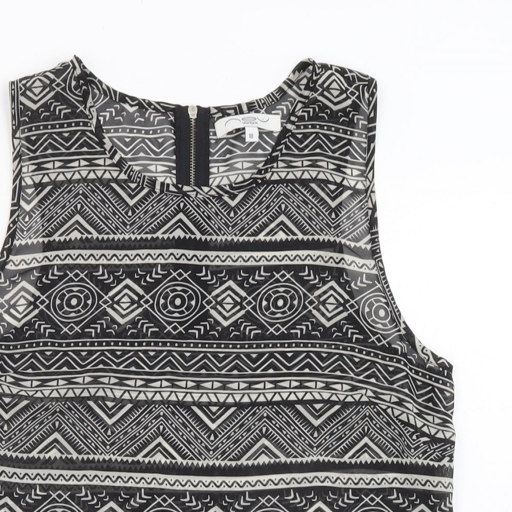 New Look Womens Black Geometric Polyester Basic Tank Size 10 Round Neck - Sheer