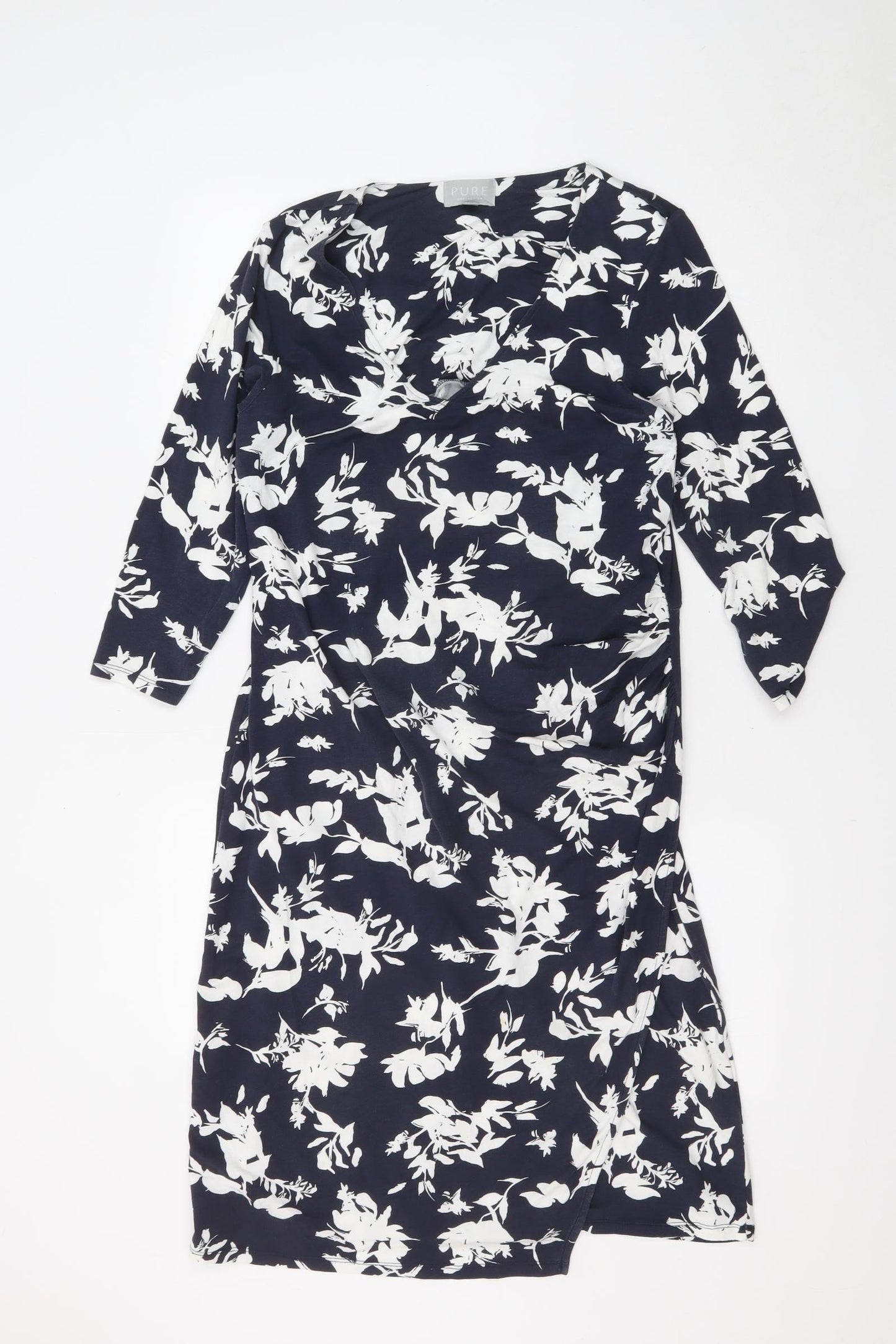 Pure Womens Blue Floral Polyester A-Line Size 16 V-Neck Pullover