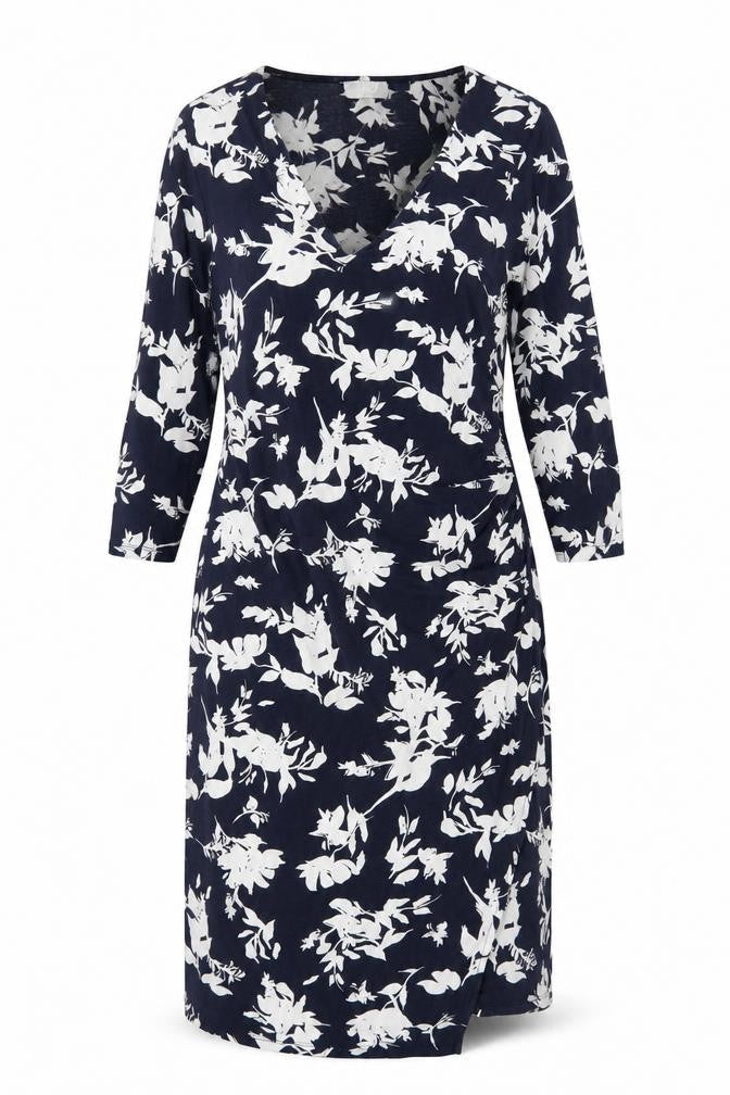Pure Womens Blue Floral Polyester A-Line Size 16 V-Neck Pullover