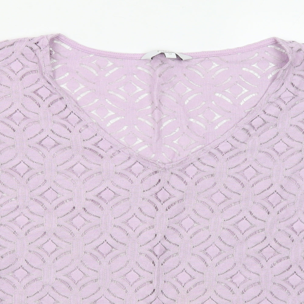 NEXT Womens Purple Geometric Cotton Basic T-Shirt Size 12 Round Neck - Overlay Top
