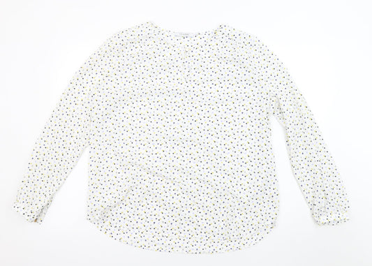 Classic Womens White Polka Dot Polyester Basic Blouse Size 14 Round Neck - Sheer