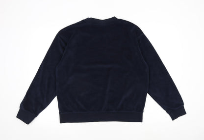 Back view of Juicy Couture women’s blue polyester pullover sweatshirt, size M, pullover