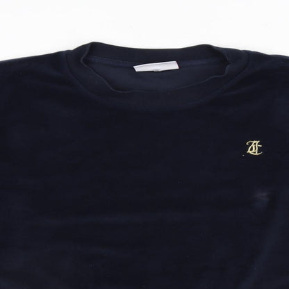Close-up detail of Juicy Couture women’s blue polyester pullover sweatshirt, size M, pullover
