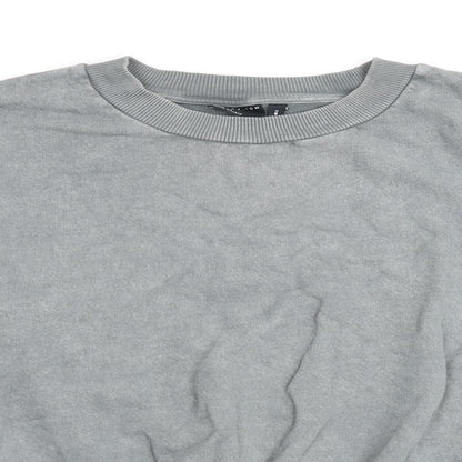 Close-up detail of ASOS women’s grey cotton pullover sweatshirt, size UK 6, pullover