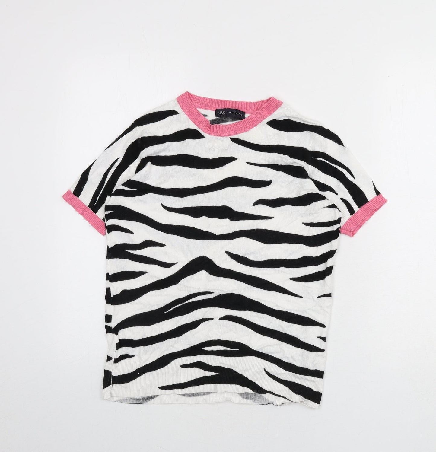 Marks and Spencer Womens White Round Neck Animal Print Viscose Pullover Jumper Size 8 - Zebra Print
