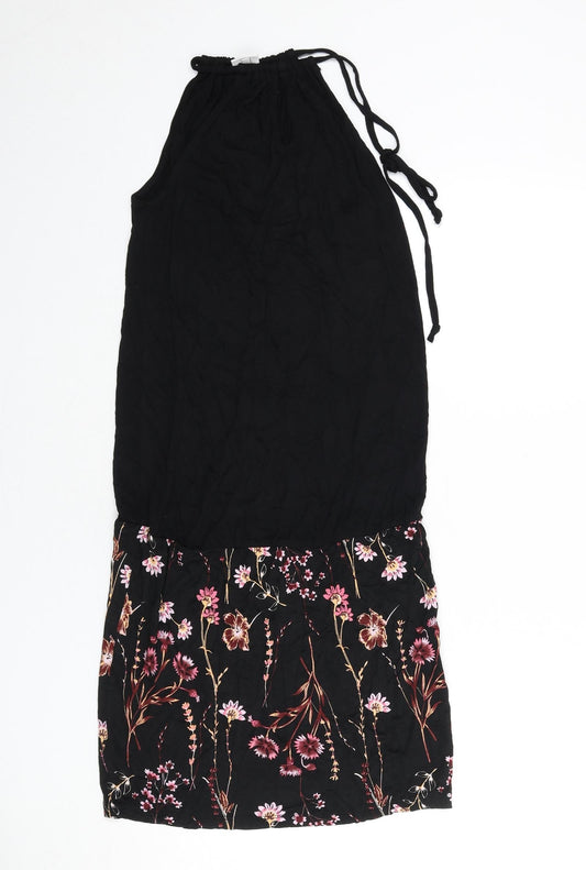 LASCANA Womens Black Floral Viscose Sheath Size 10 Round Neck Tie - Keyhole Cut Out