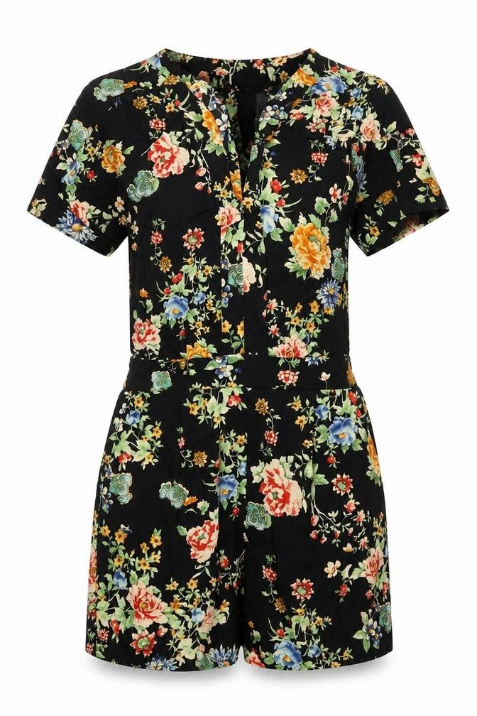 Warehouse Womens Black Floral Viscose Romper One-Piece Size 6 L3 in Button