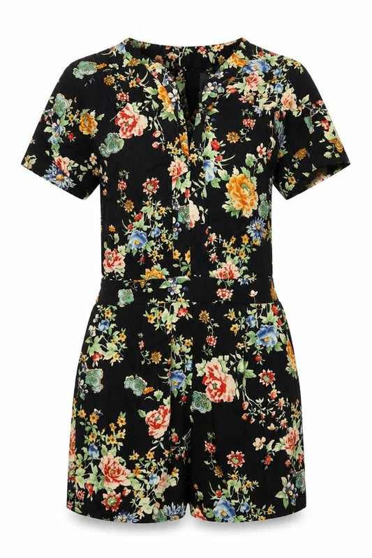 Warehouse Womens Black Floral Viscose Romper One-Piece Size 6 L3 in Button