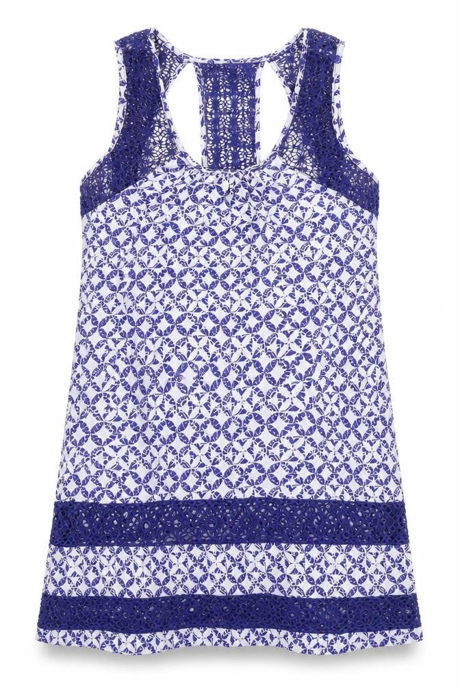 Solitaire Womens Blue Geometric Cotton Cover Up Size L - Lace Trim