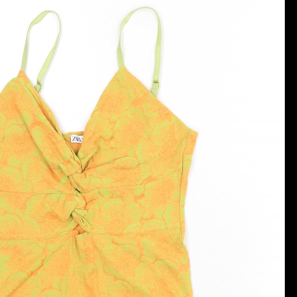 Zara Womens Orange Floral Polyester Bodysuit One-Piece Size L Snap - Knot Front
