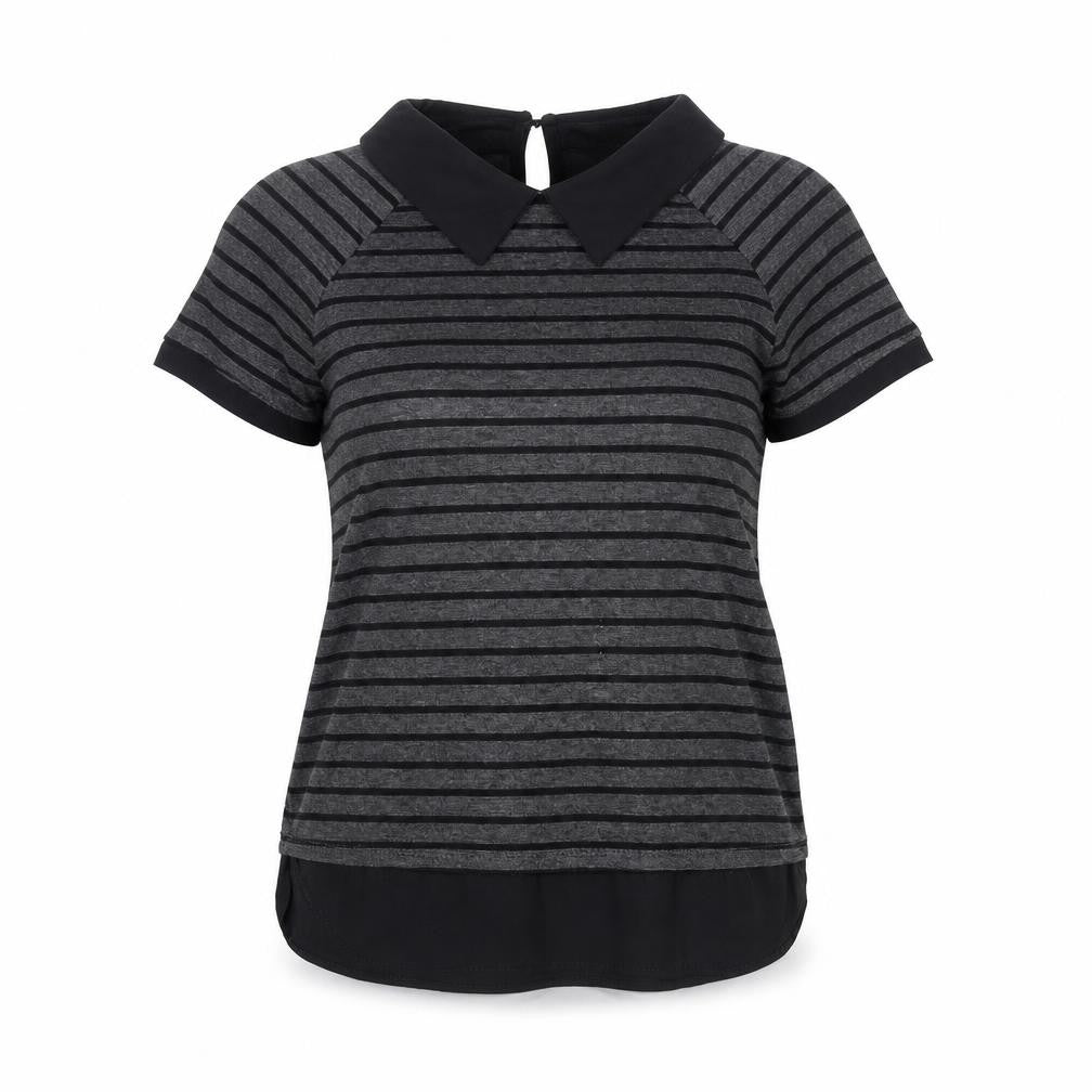Monteau Womens Grey Striped Viscose Basic T-Shirt Size M Collared