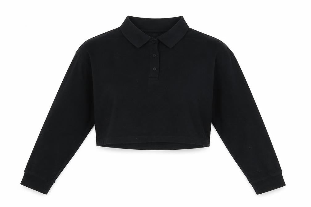 Zara Womens Black 100% Cotton Cropped Polo Size S Collared