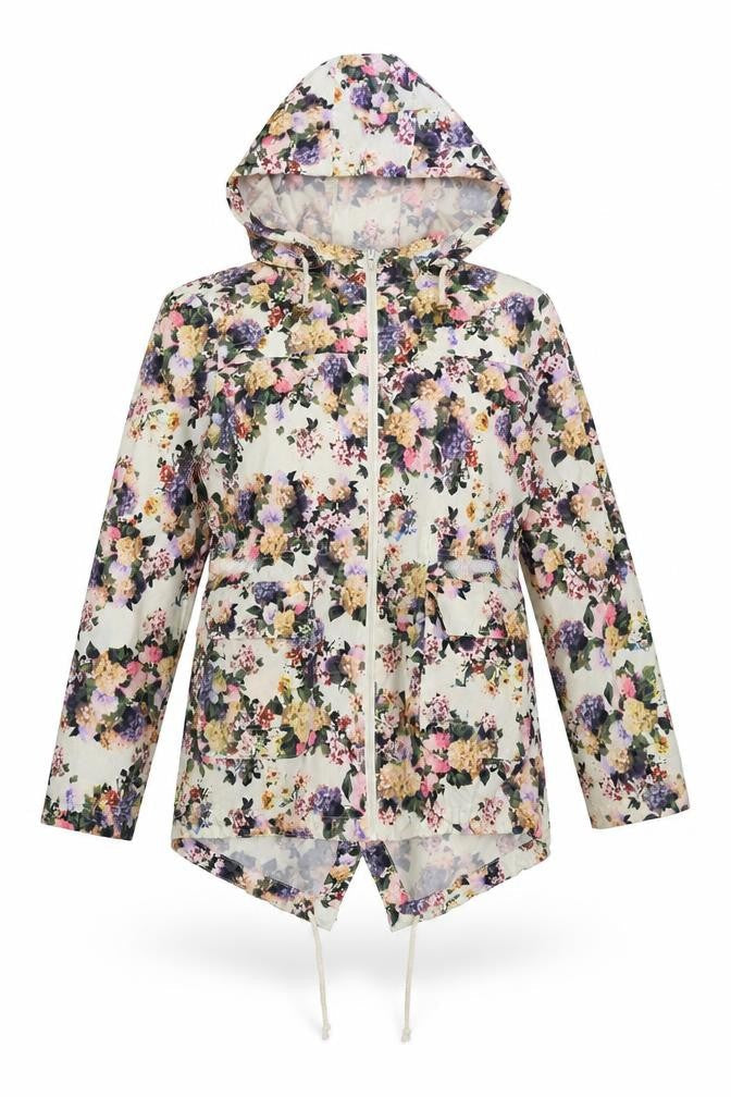 Brave Soul Womens Ivory Floral Rain Coat Coat Size 12 Zip - Hooded
