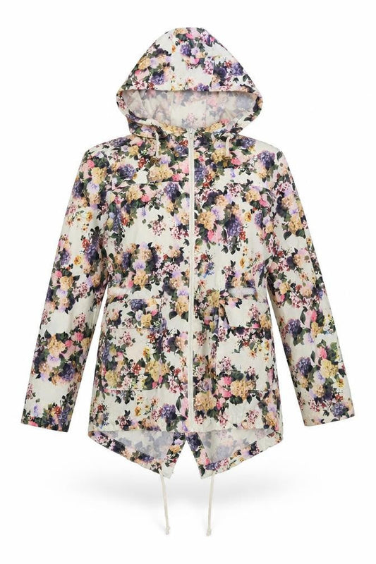 Brave Soul Womens Ivory Floral Rain Coat Coat Size 12 Zip - Hooded