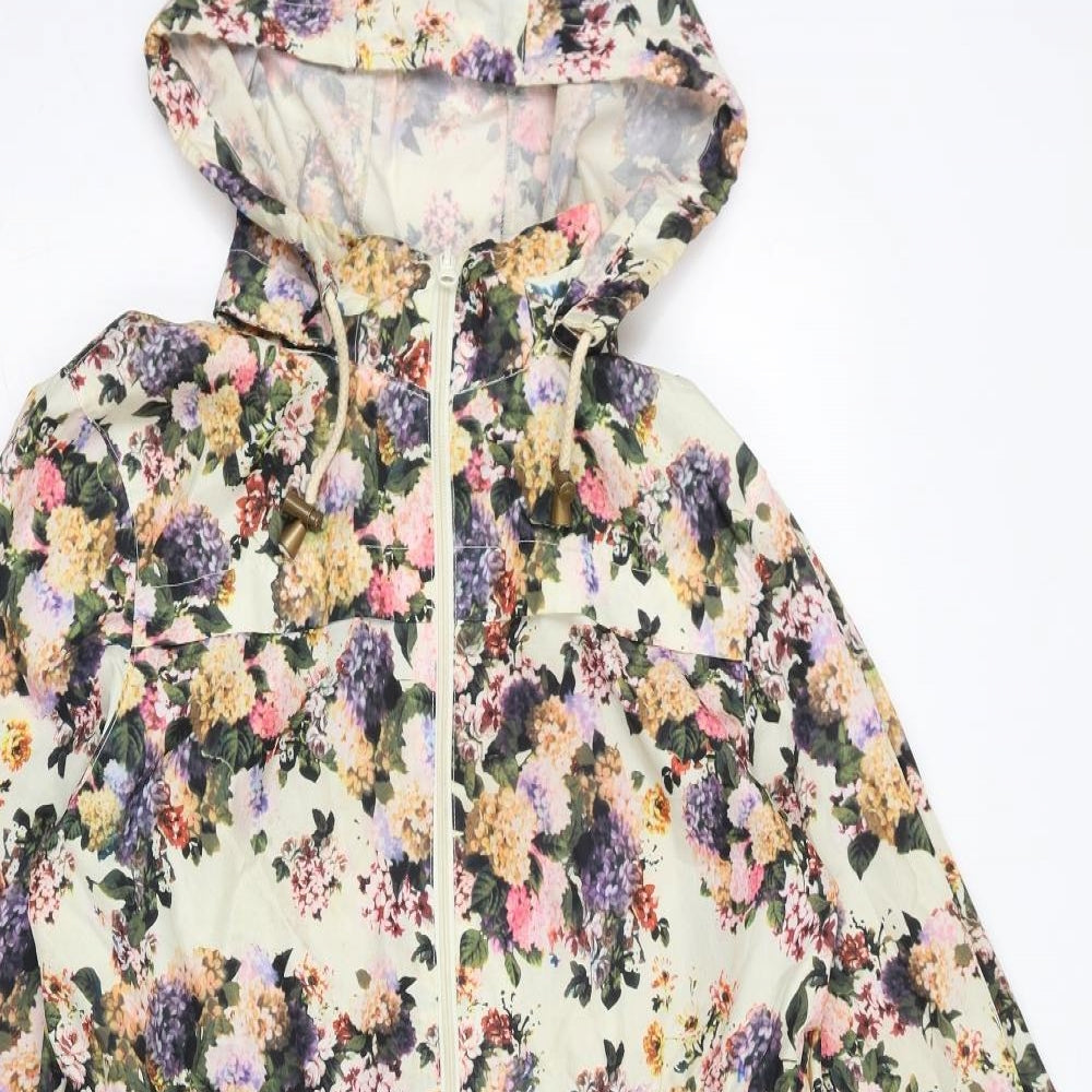 Brave Soul Womens Ivory Floral Rain Coat Coat Size 12 Zip - Hooded