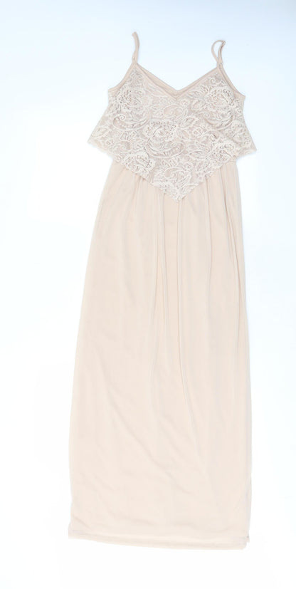 Additional front view of Miss Selfridge women’s beige polyester a-line, size UK 4, v-neck pullover - lace