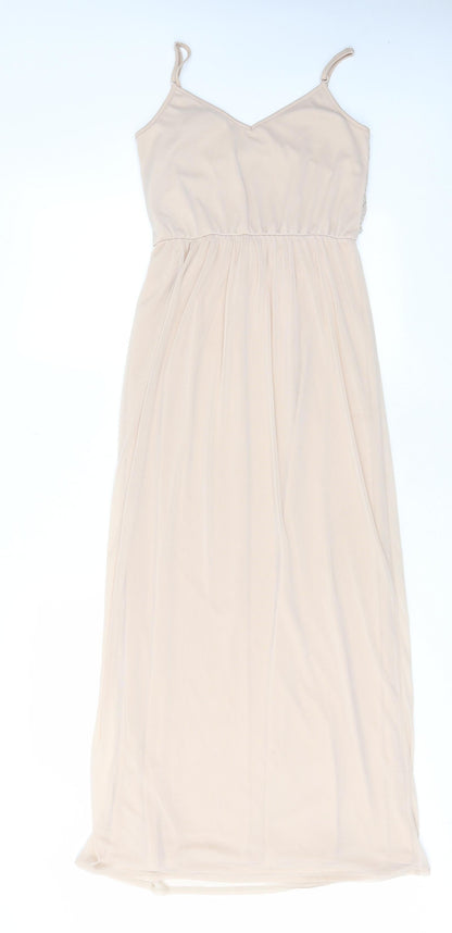 Back view of Miss Selfridge women’s beige polyester a-line, size UK 4, v-neck pullover - lace