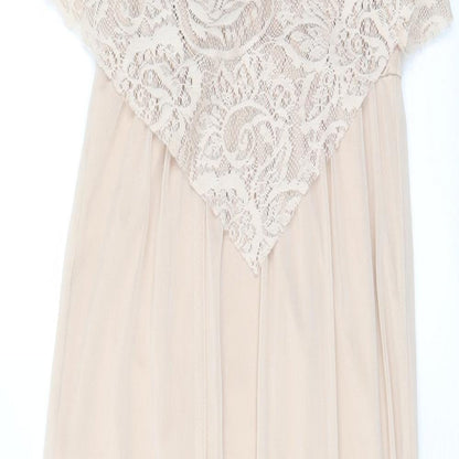 Close-up detail of Miss Selfridge women’s beige polyester a-line, size UK 4, v-neck pullover - lace